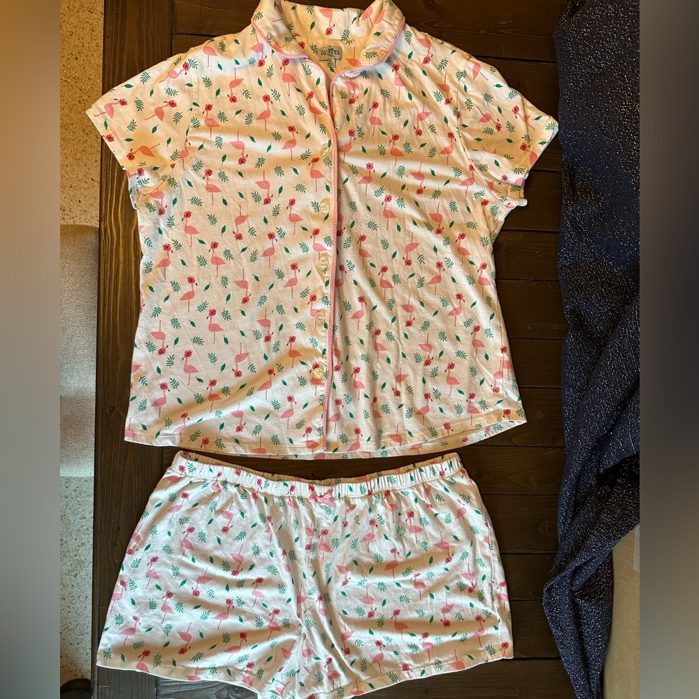 BedHead Flamingo Hibiscus Flower Printed Shorts Pajama Set, XL, White/Pink